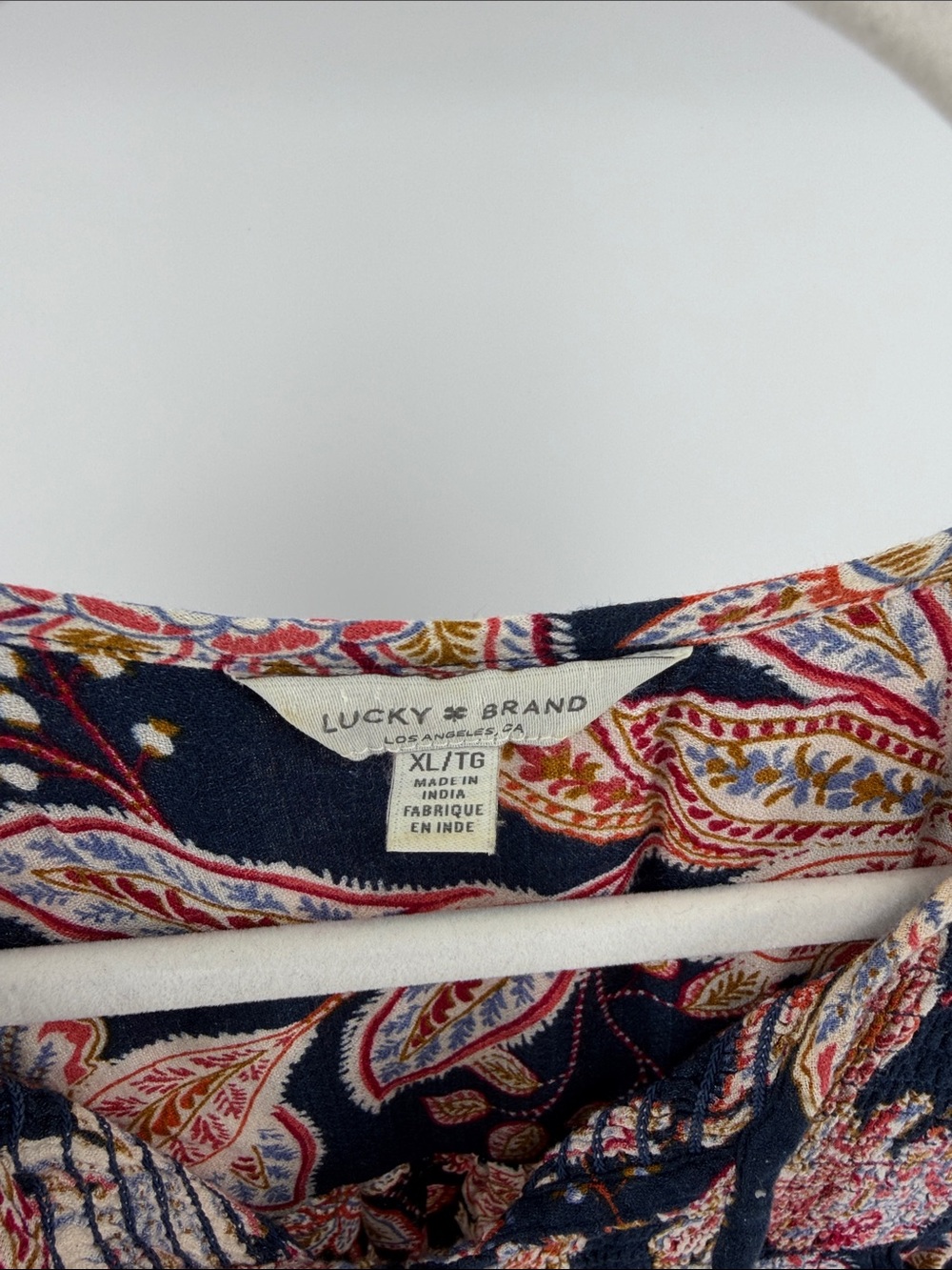 Lucky Brand Navy Boho Printed Tie Neck Long Sleeve Peasant Blouse, Women's XL - Picture 2 of 6